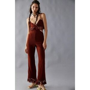 Free People x Saylor Sterling Jumpsuit Size L Orange Ribbed Fringe Boho Festival